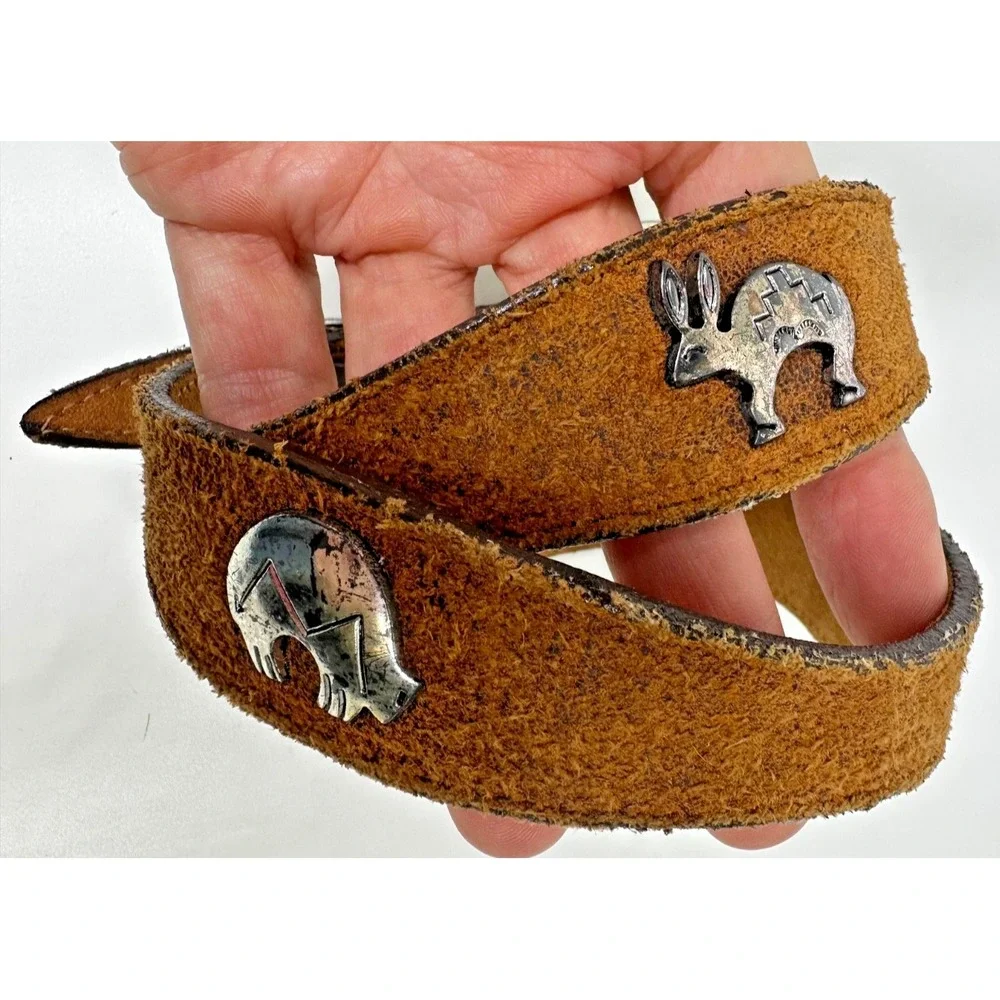 Vtg Nocona Southwestern Brown Suede Belt Silver Concho Animals Cowboy Sz 26